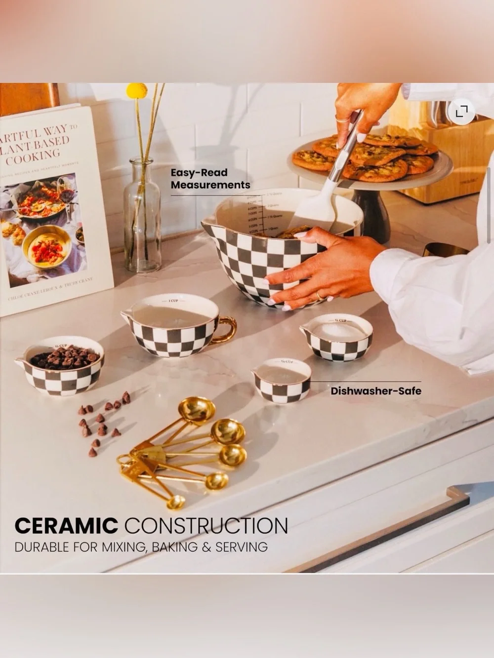 Thyme & Table 5-Piece Ceramic Mixing Bowl and Measuring Set - Black Checkered